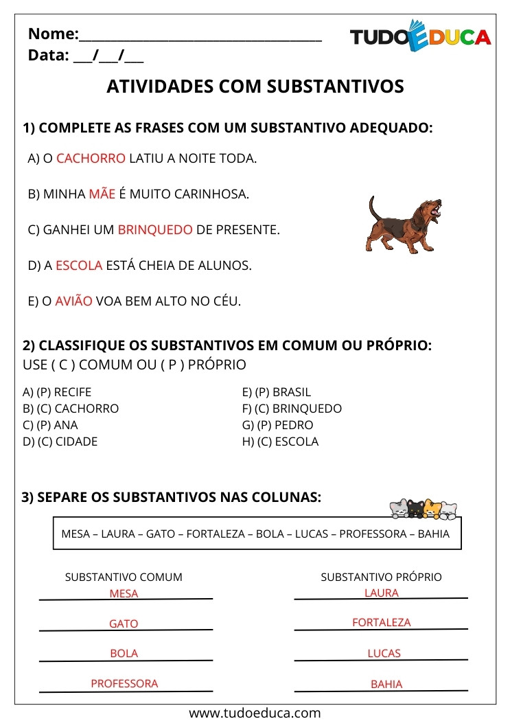 Atividade Português 2 ano com substantivos