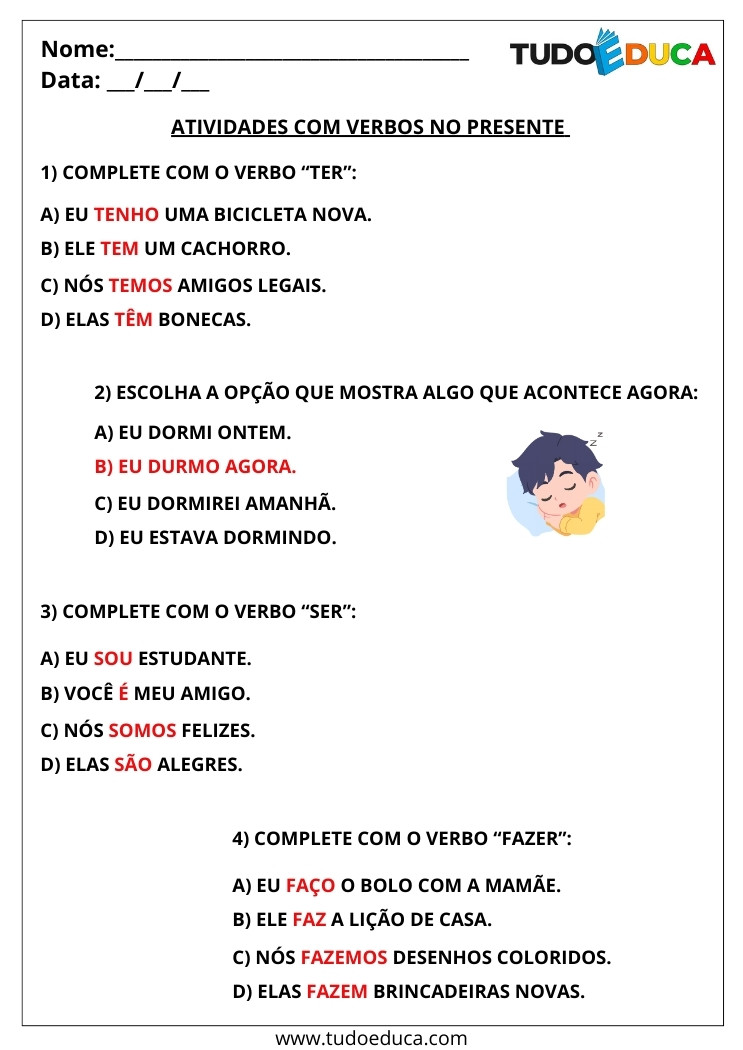Atividade Português 2 ano com verbos no presente