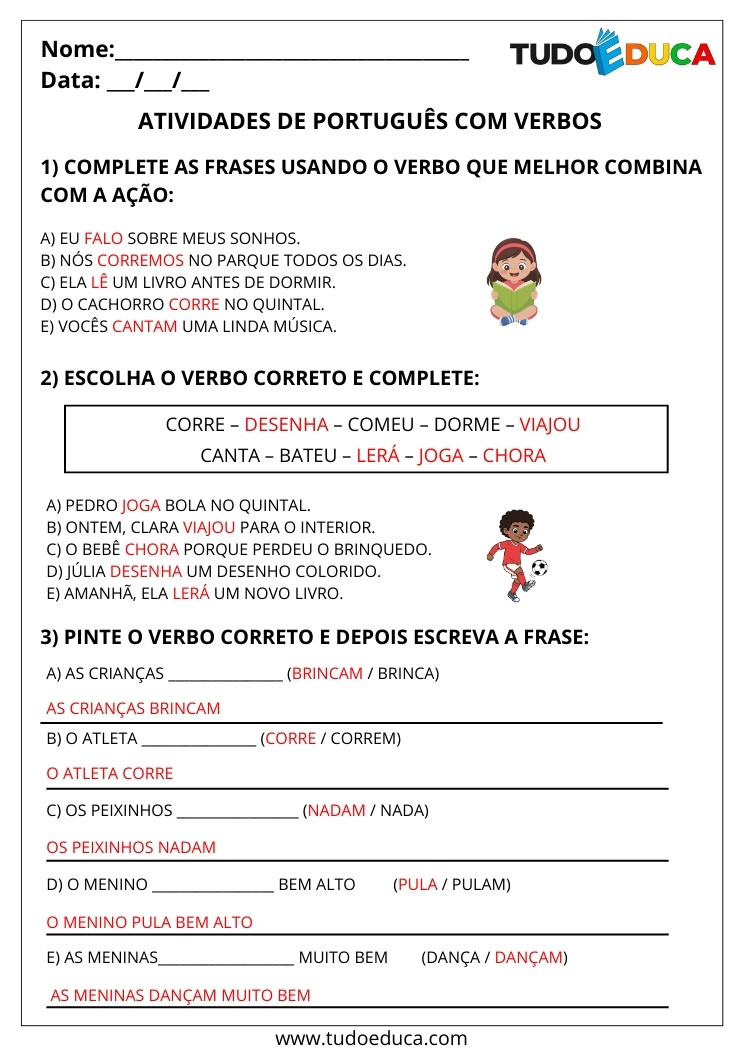 Atividade Português 2 ano com verbos