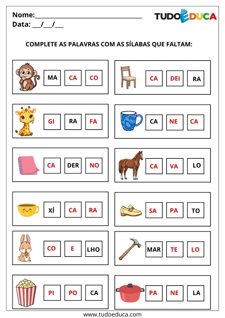 Atividade Português 2 ano complete as palavras