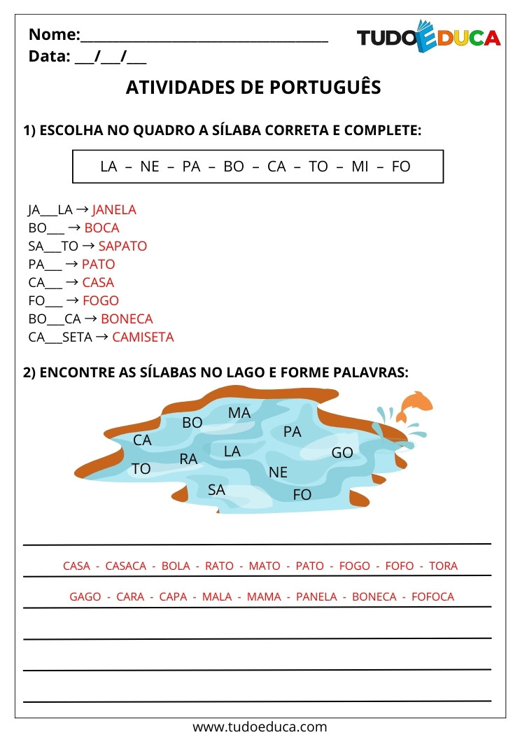 Atividade Português 2 ano escolha as sílabas