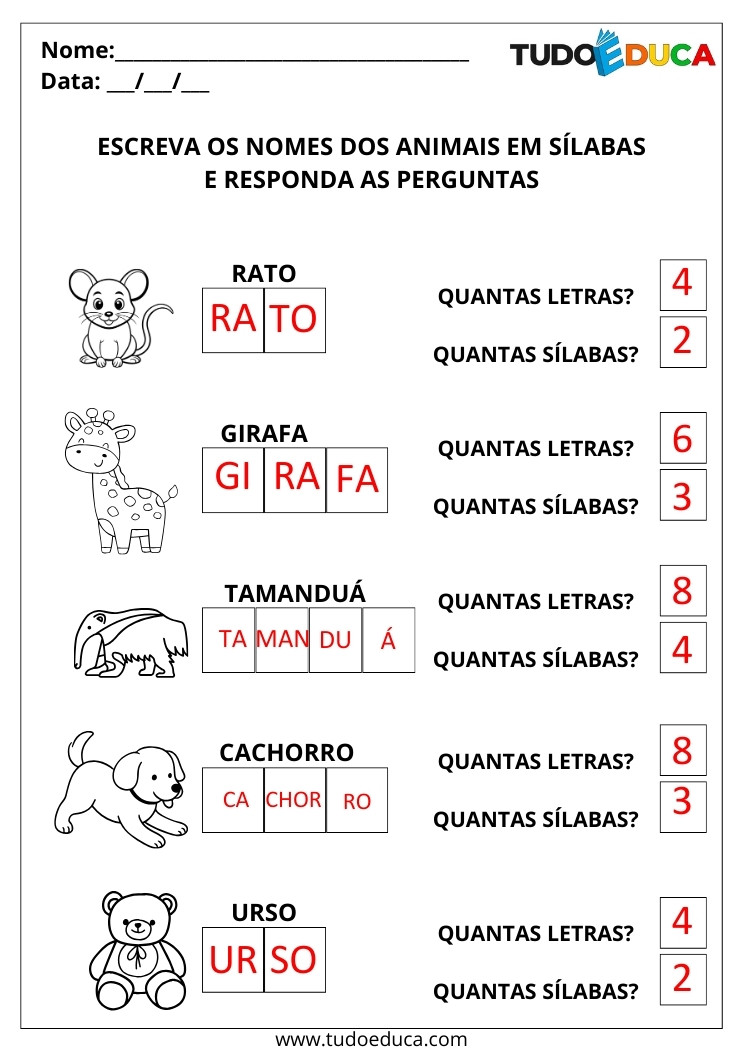 Atividade Português 2 ano escreva as sílabas dos animais