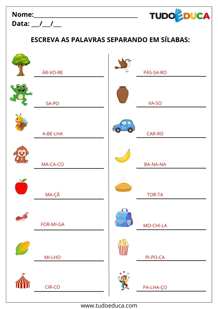 Atividade Português 2 ano escreva as sílabas