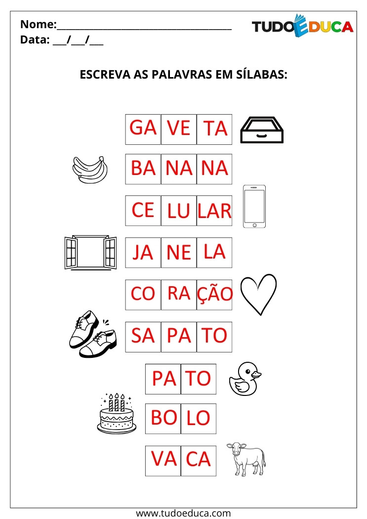 Atividade Português 2 ano escreva em sílabas