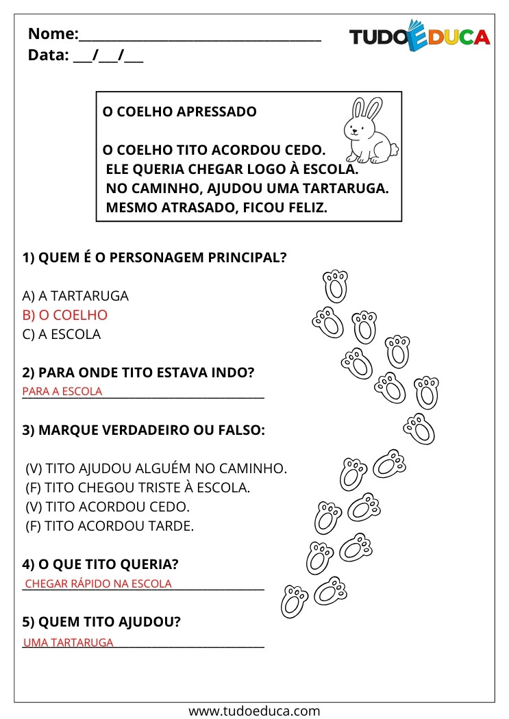 Atividade Português 2 ano historia do coelho