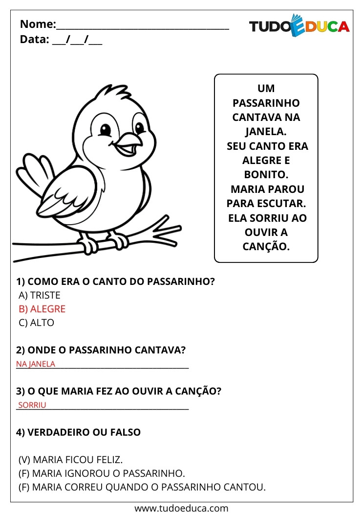 Atividade Português 2 ano leia a história do pássaro