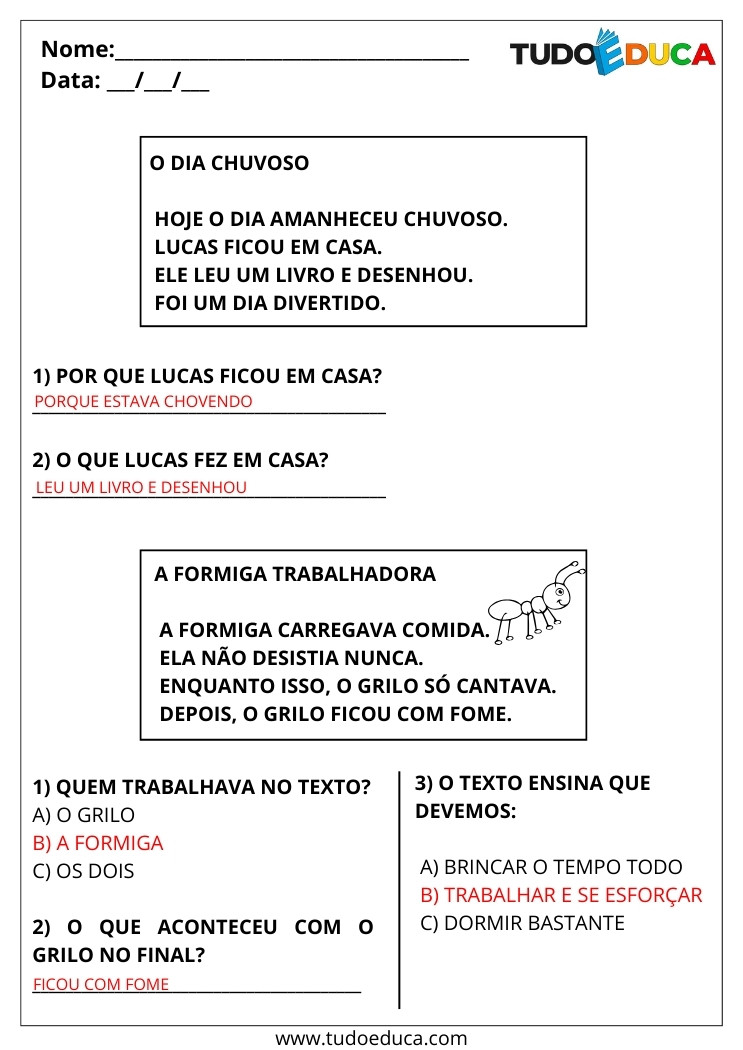 Atividade Português 2 ano leia as historias