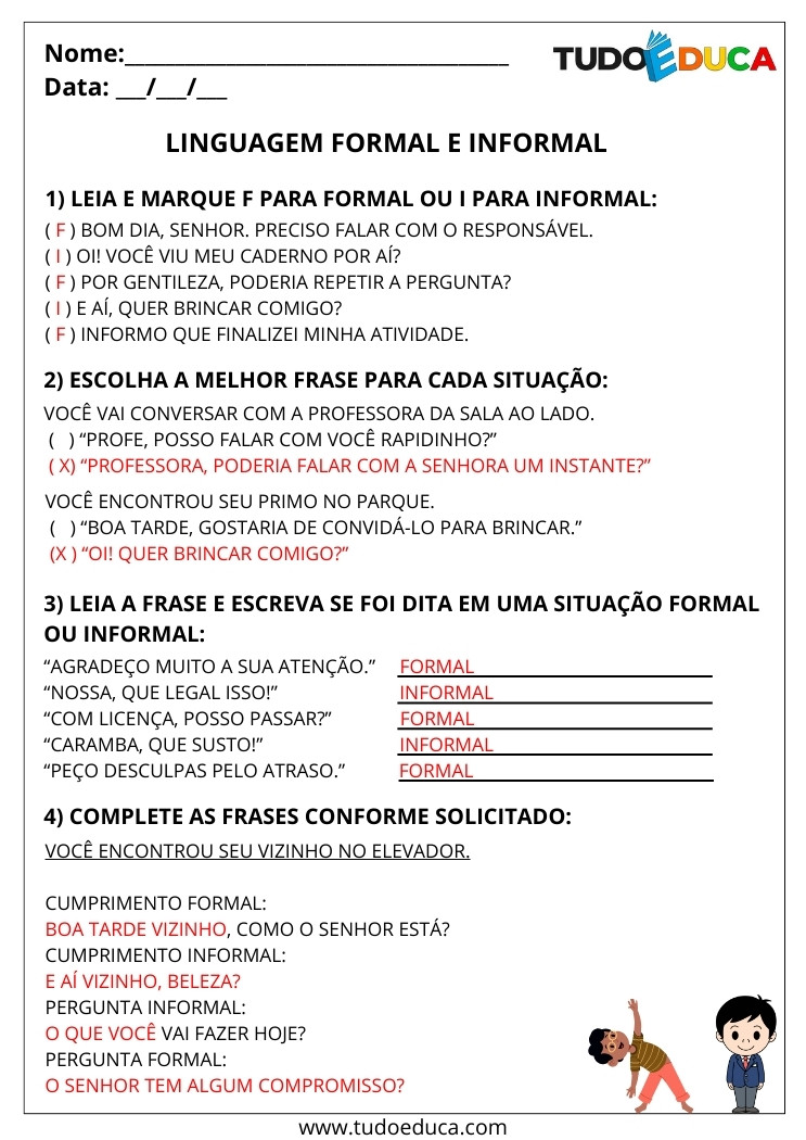 Atividade Português 2 ano linguagem formal e infomal
