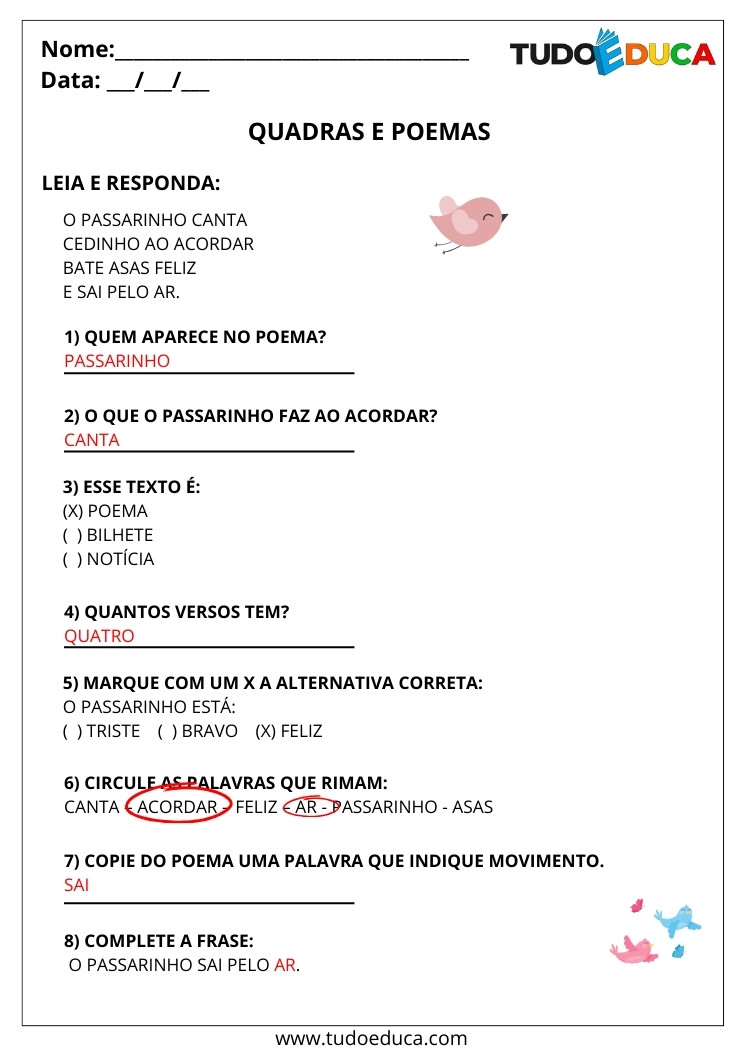 Atividade Português 2 ano poemas