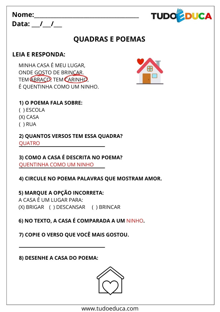 Atividade Português 2 ano quadras e poemas