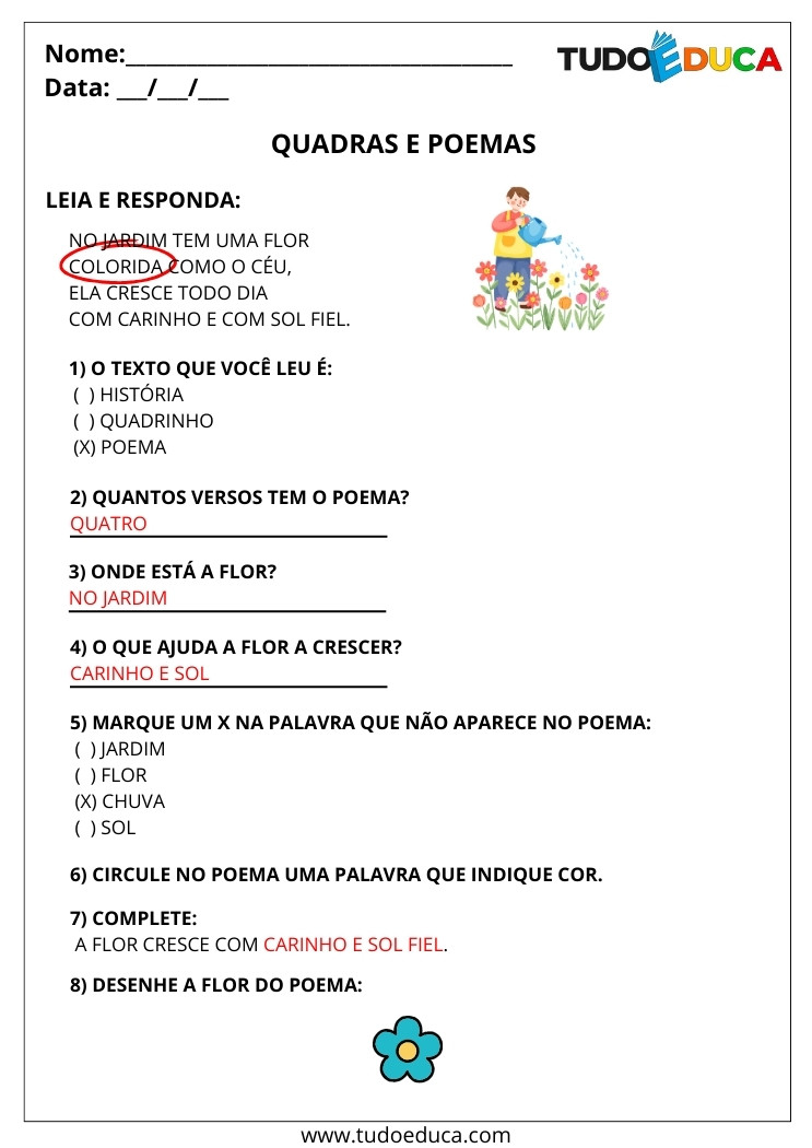 Atividade Português 2 ano quadras