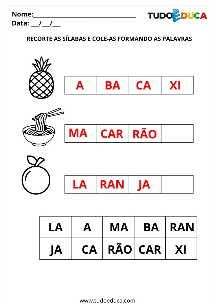 Atividade Português 2 ano recorte as sílabas