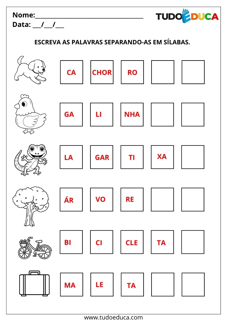 Atividade Português 2 ano separe as palavras em sílabas