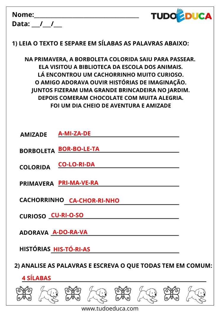 Atividade Português 2 ano separe as sílabas