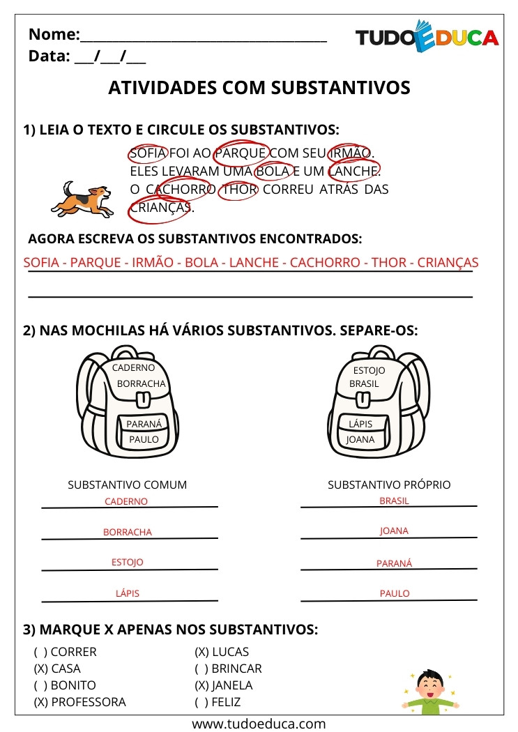 Atividade Português 2 ano sobre substantivos