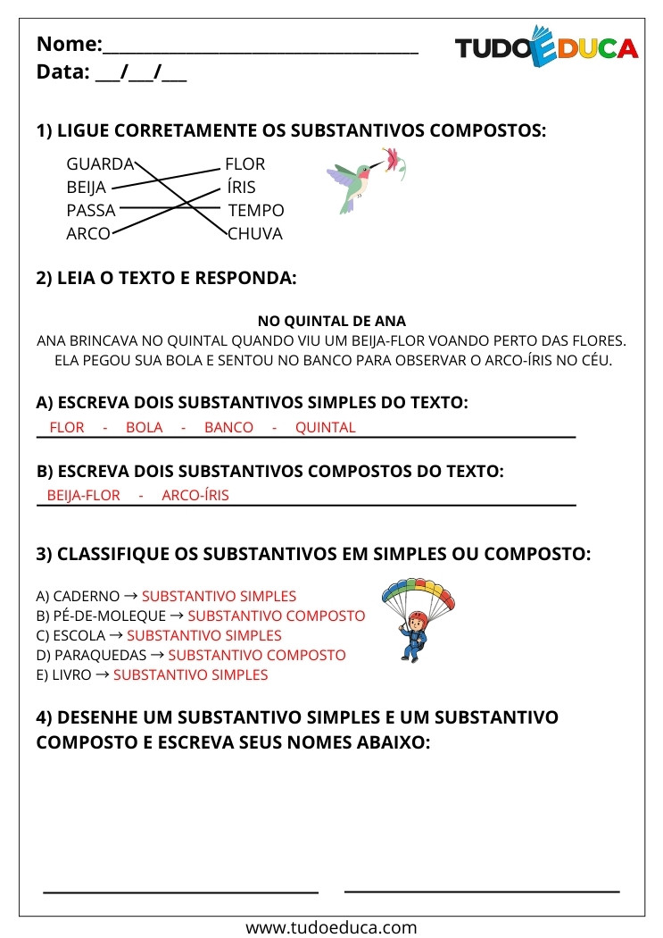 Atividade Português 2 ano substantivo simples e composto