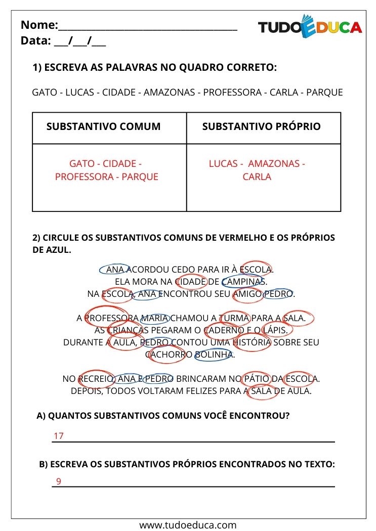Atividade Português 2 ano substantivos comum e próprio