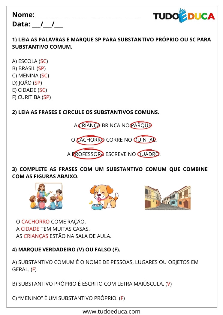 Atividade Português 2 ano substantivos proprios