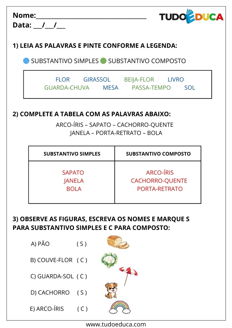 Atividade Português 2 ano substantivos simples e compostos