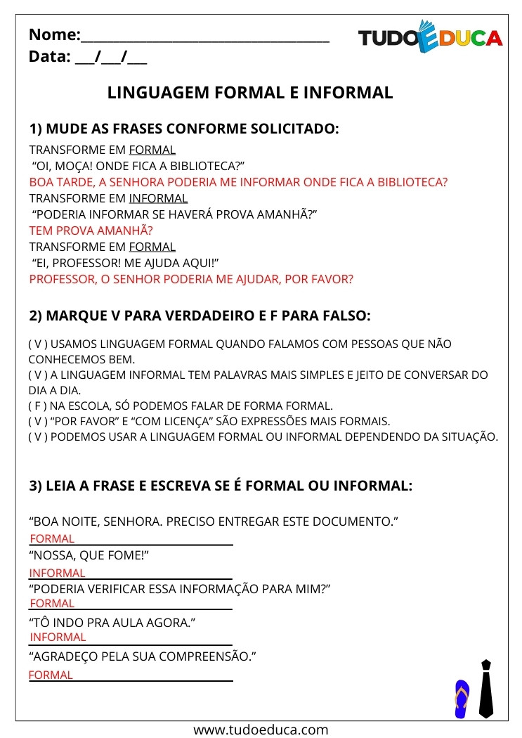 Atividade Português 2 ano uso da linguagem formal