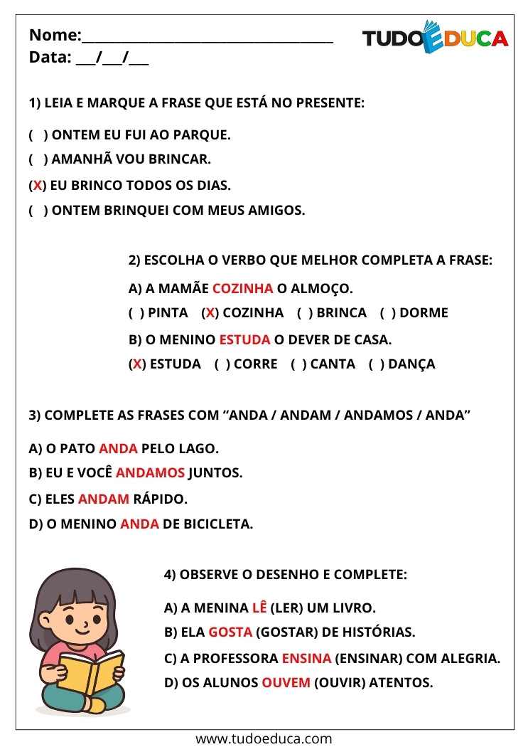 Atividade Português 2 ano verbos no presente