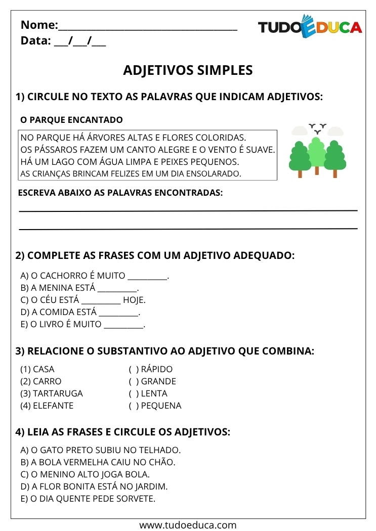 Atividade Portugues 3 ano adjetivos simples