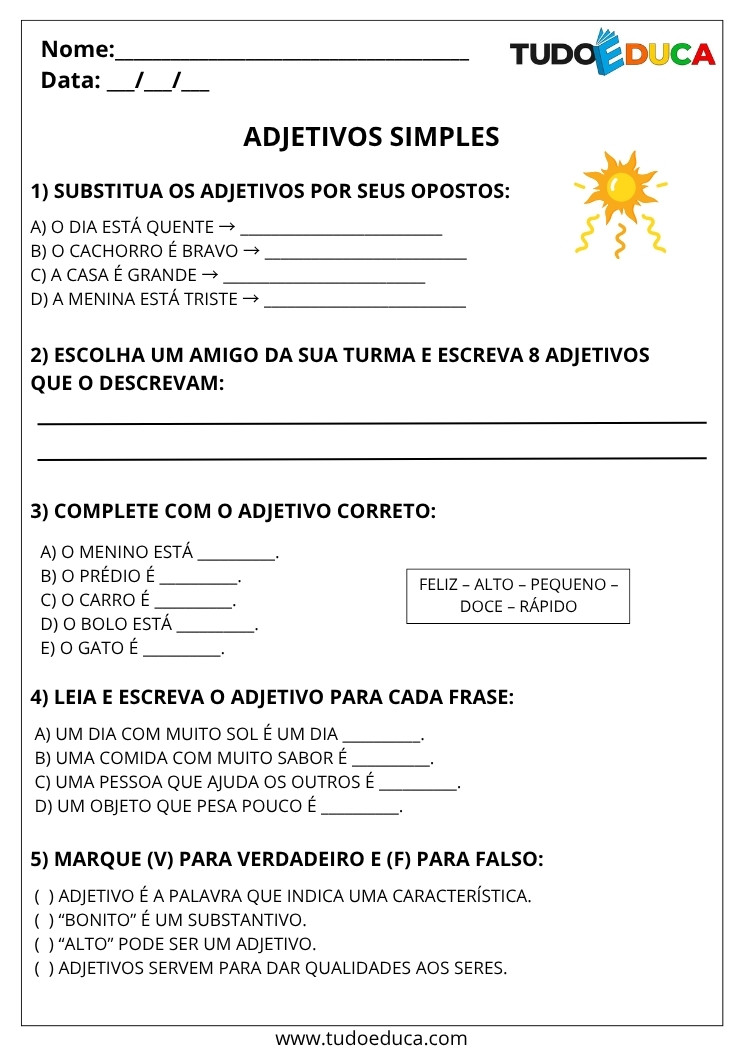 Atividade Portugues 3 ano com adjetivos simples