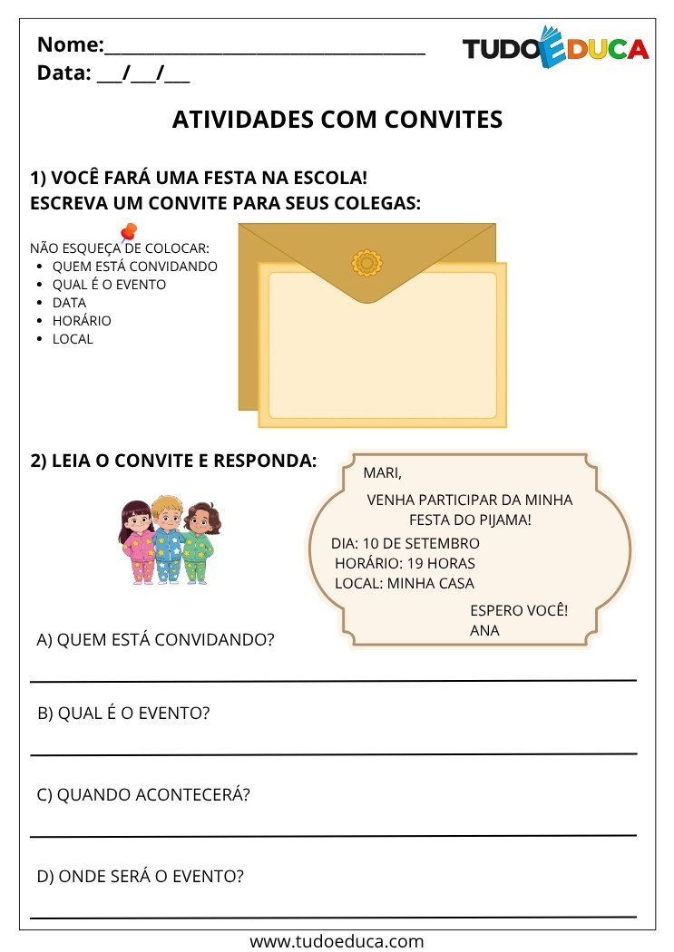 Atividade Portugues 3 ano com convites