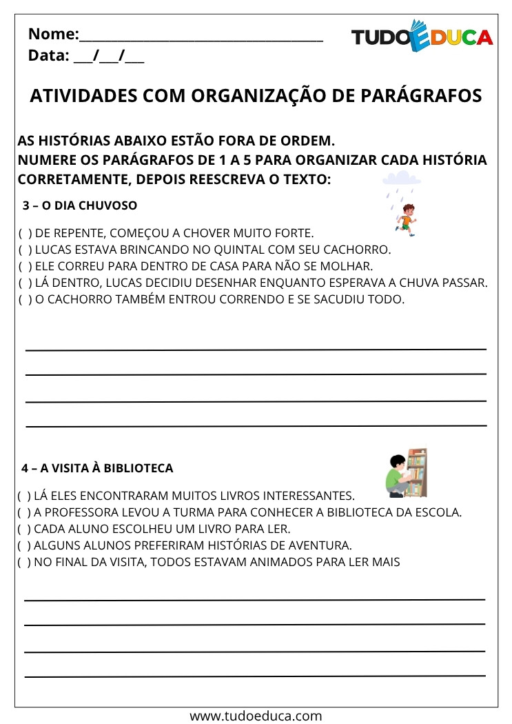 Atividade Portugues 3 ano com organizacao de paragrafos