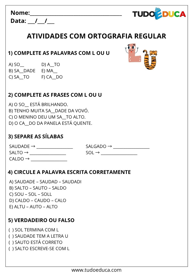 Atividade Portugues 3 ano com ortografia regular