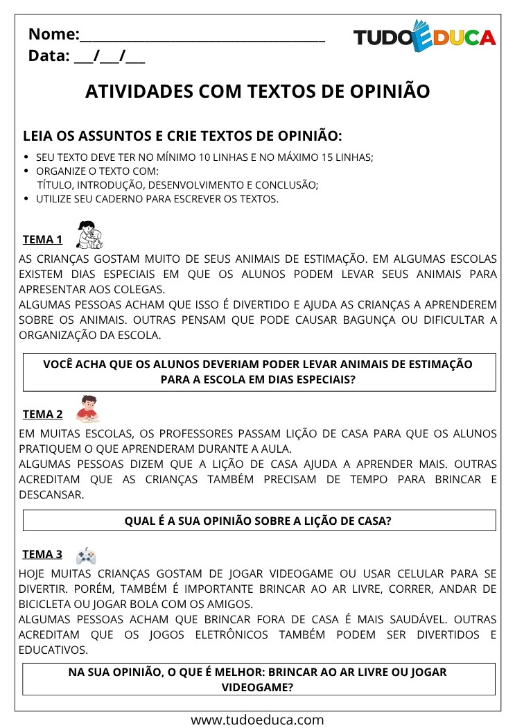 Atividade Portugues 3 ano com textos de opiniao