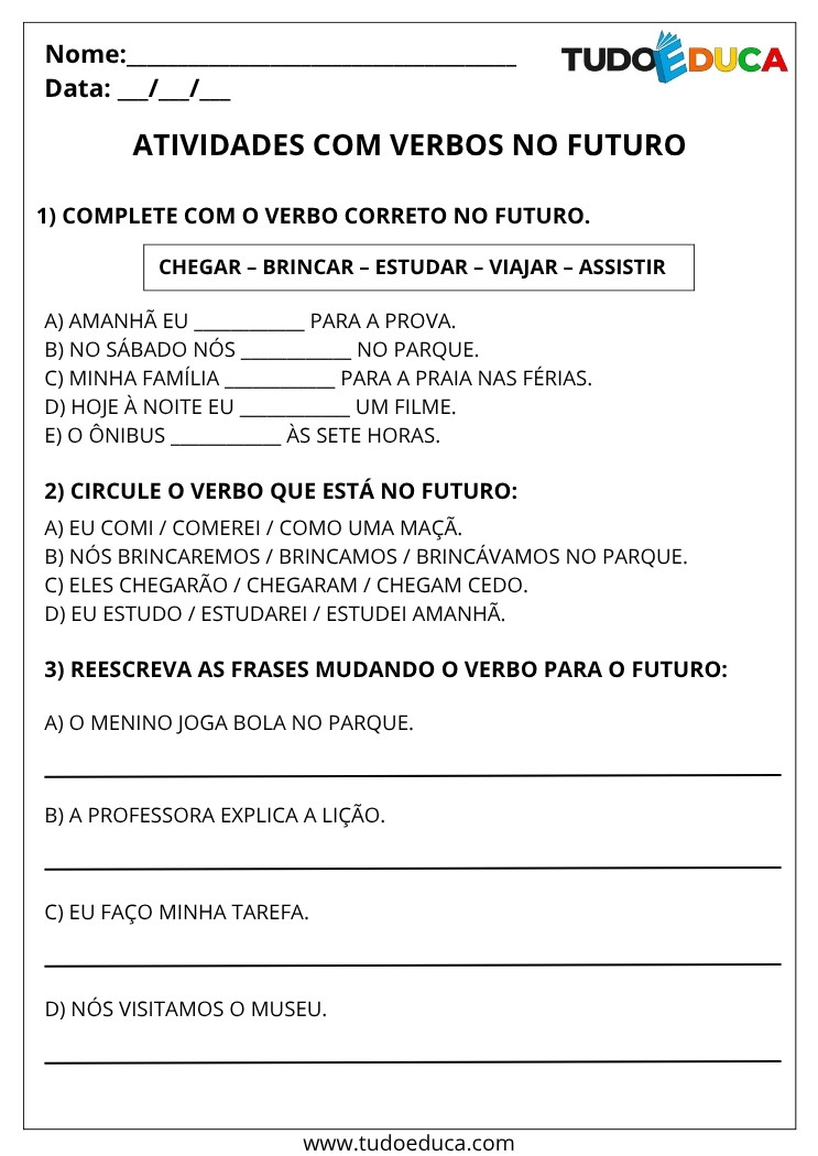 Atividade Portugues 3 ano com verbos no futuro