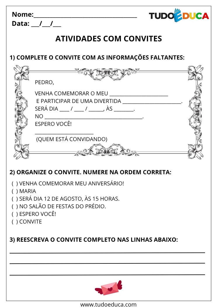 Atividade Portugues 3 ano convites