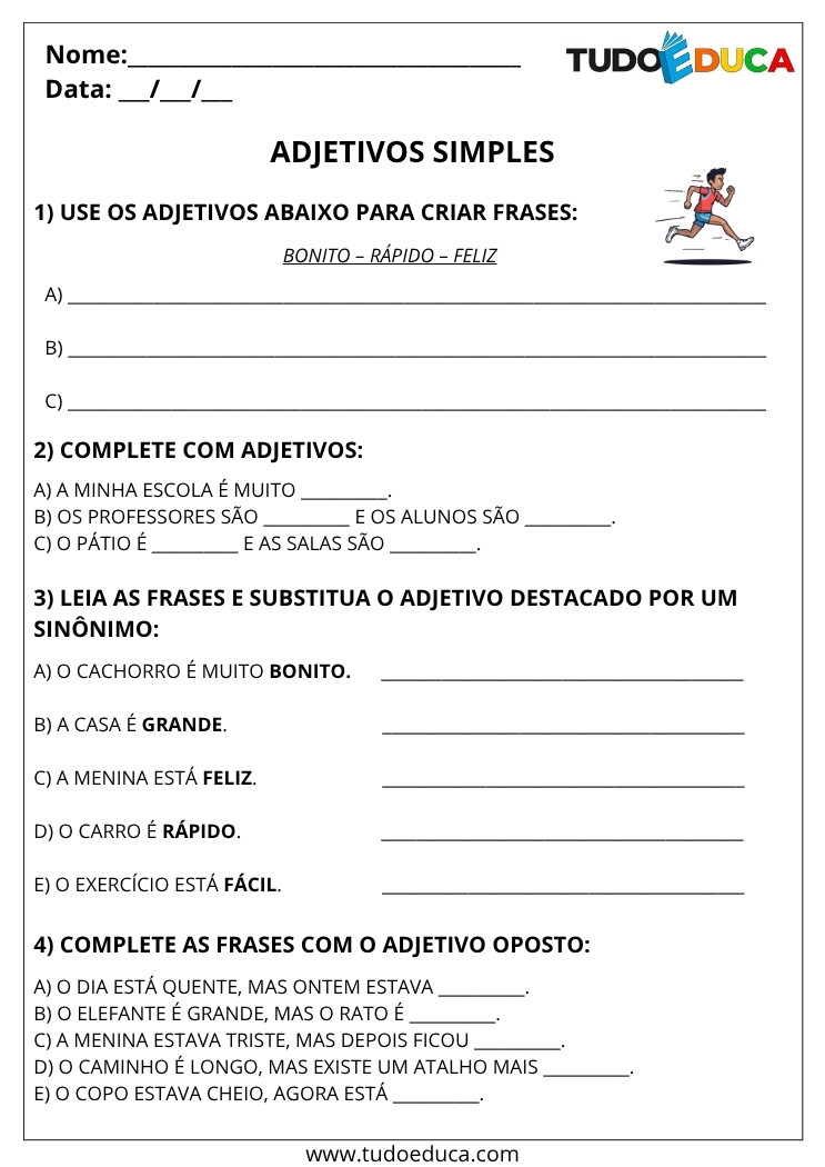 Atividade Portugues 3 ano de adjetivos simples