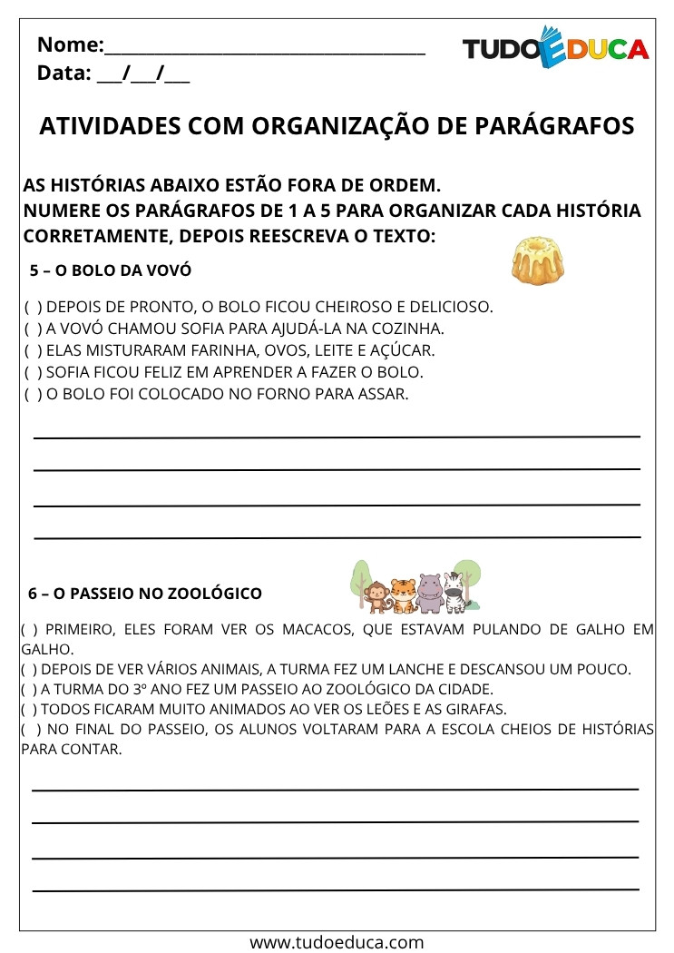 Atividade Portugues 3 ano de organizacao de paragrafos