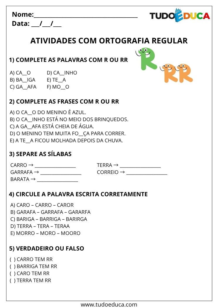 Atividade Portugues 3 ano de ortografia regular