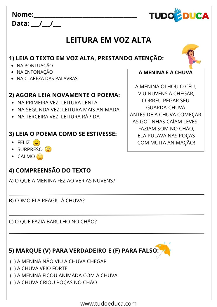 Atividade Portugues 3 ano leitura com voz alta