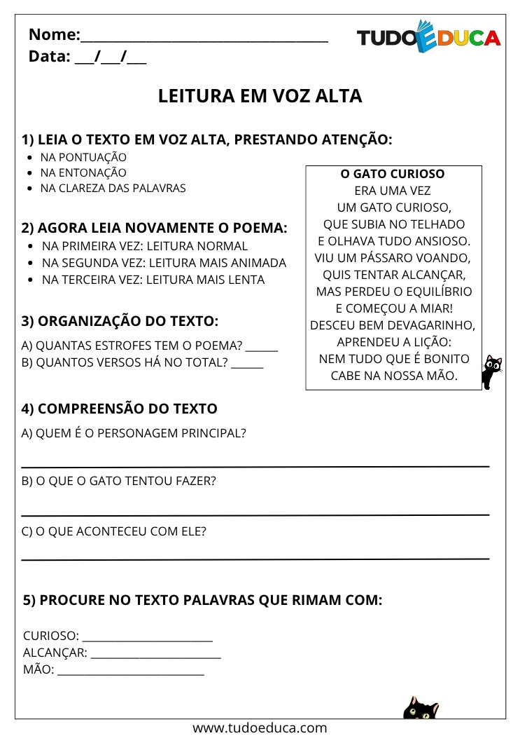 Atividade Portugues 3 ano leitura voz alta