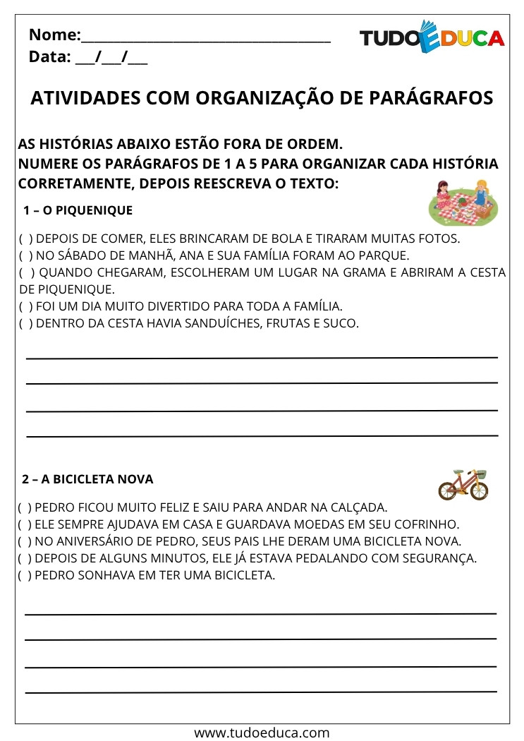 Atividade Portugues 3 ano organizacao de paragrafos