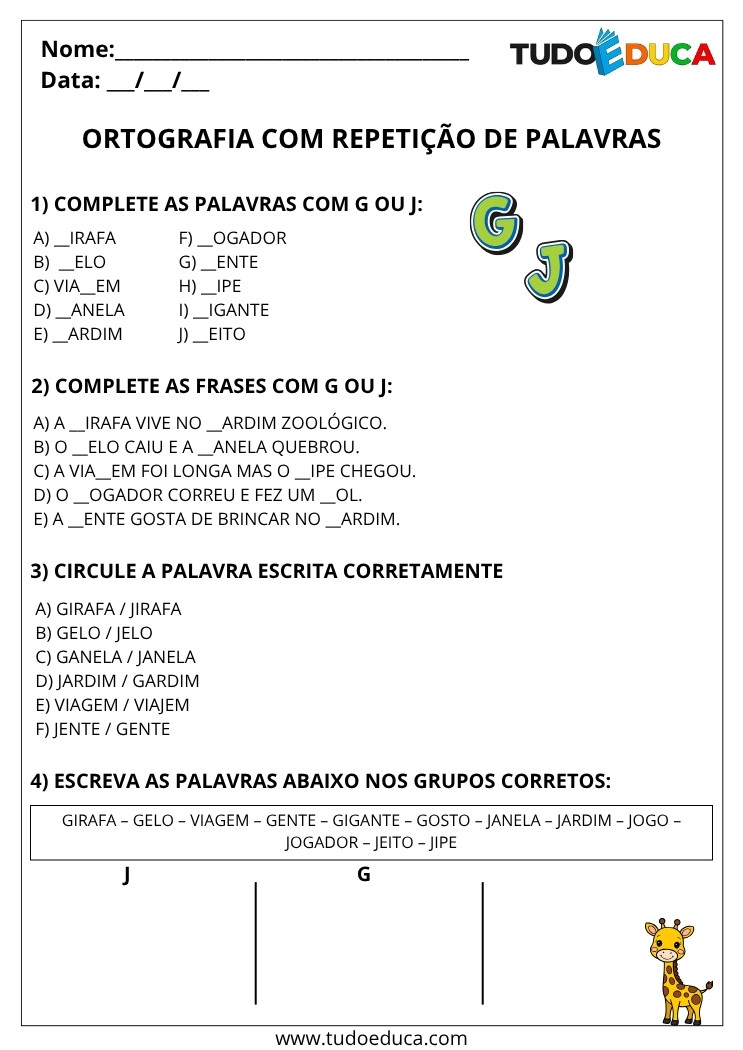 Atividade Portugues 3 ano ortografia com repeticao de palavras