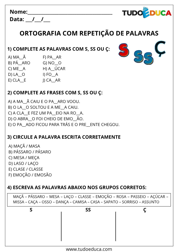 Atividade Portugues 3 ano ortografia com repeticao