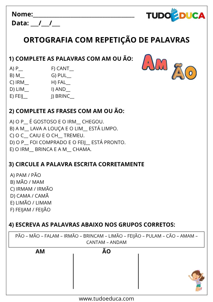Atividade Portugues 3 ano ortografia e repeticao de palavras