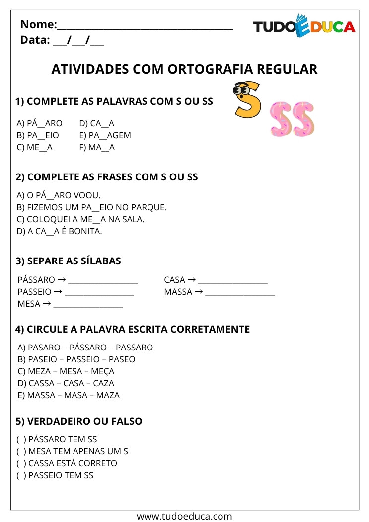 Atividade Portugues 3 ano ortografia letra s