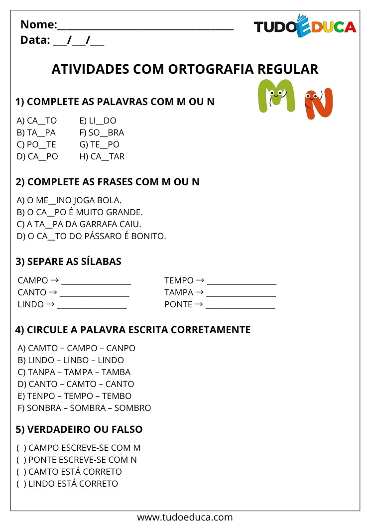 Atividade Portugues 3 ano ortografia regular
