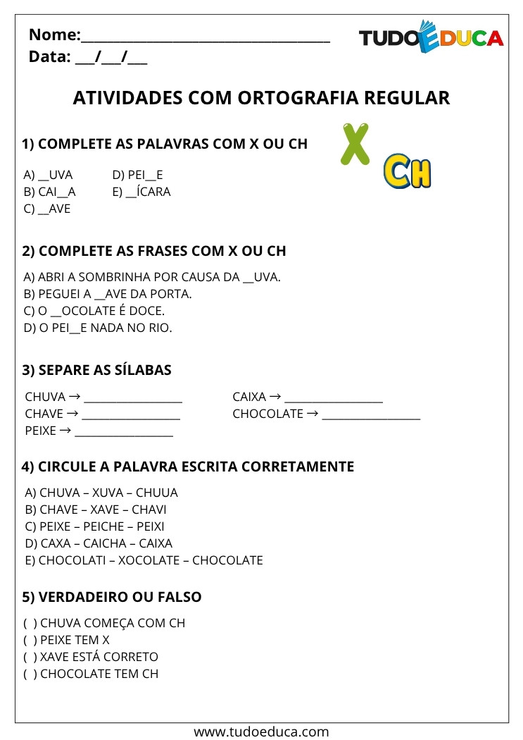 Atividade Portugues 3 ano ortografia uso do ch