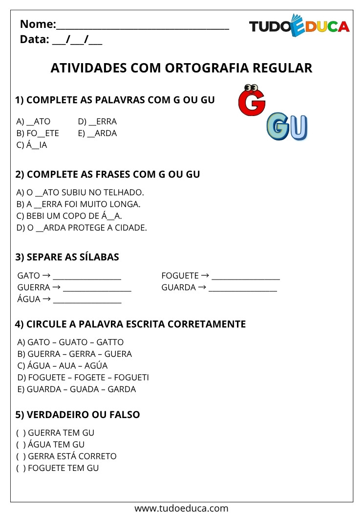 Atividade Portugues 3 ano ortografia uso do gu