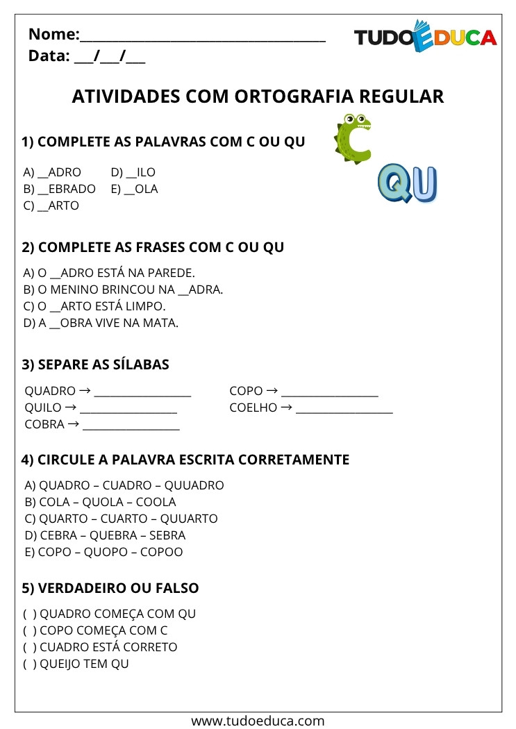 Atividade Portugues 3 ano ortografia uso do qu