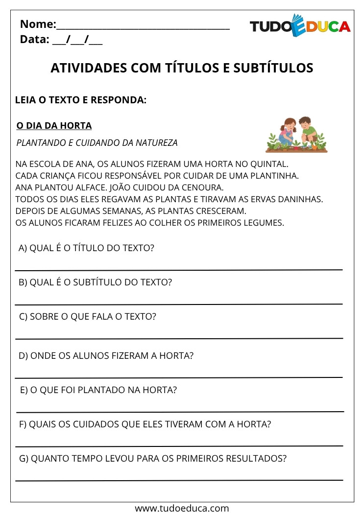 Atividade Portugues 3 ano titulos e subtitulos