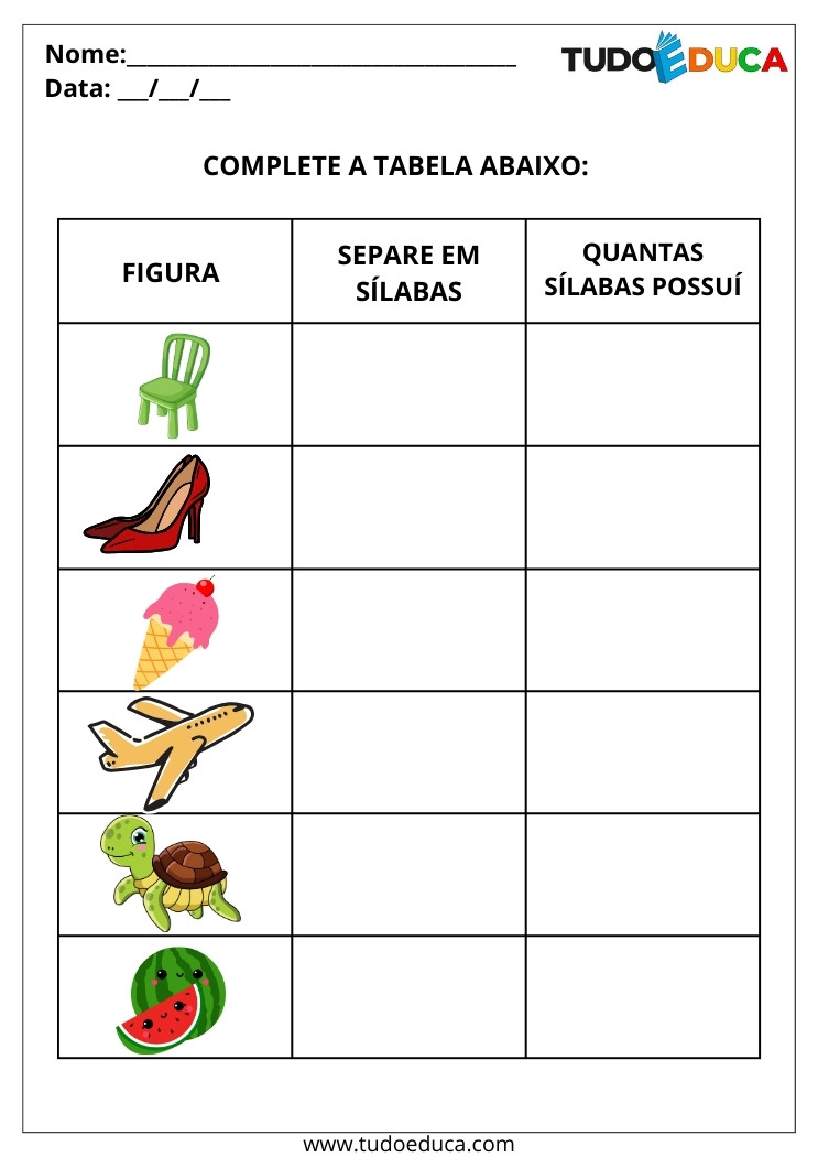 Atividade de Português com Sílabas Simples complete a tabela