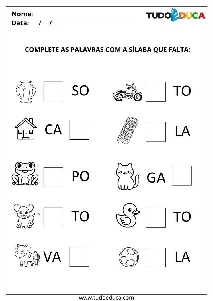 Atividade de Português com Sílabas Simples complete as sílabas